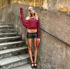 red stripped off shoulder tie knot top