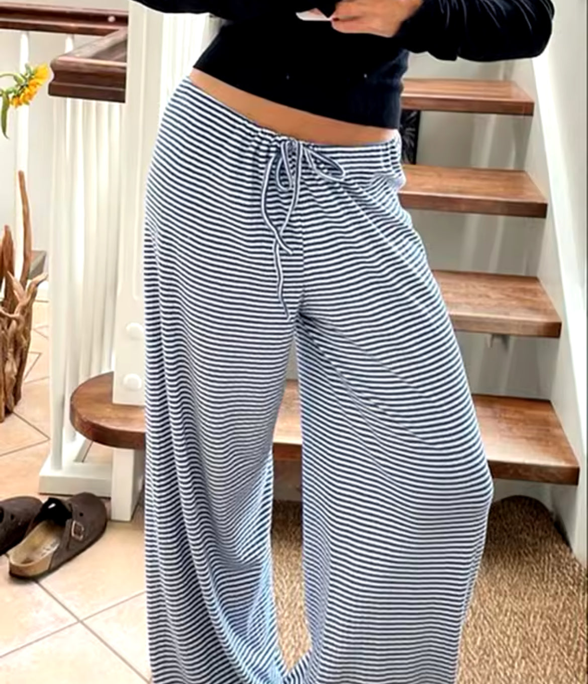 Loose drawstring striped pants