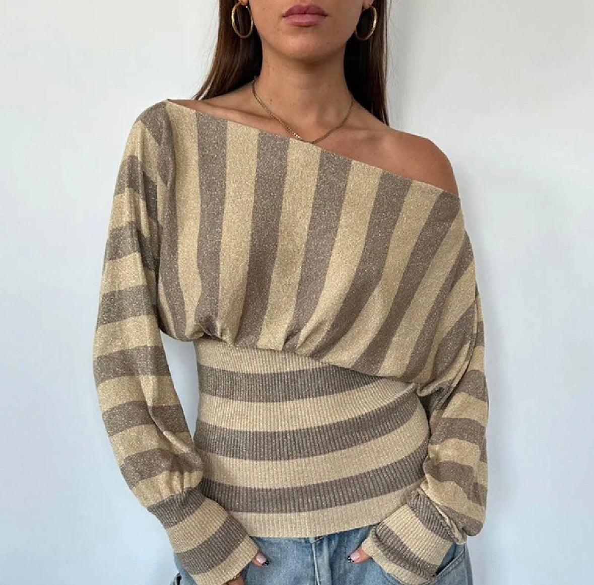 striped off shoulder sweater