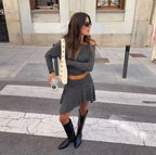 Monochrome stripe skirt and off shoulder top matching set