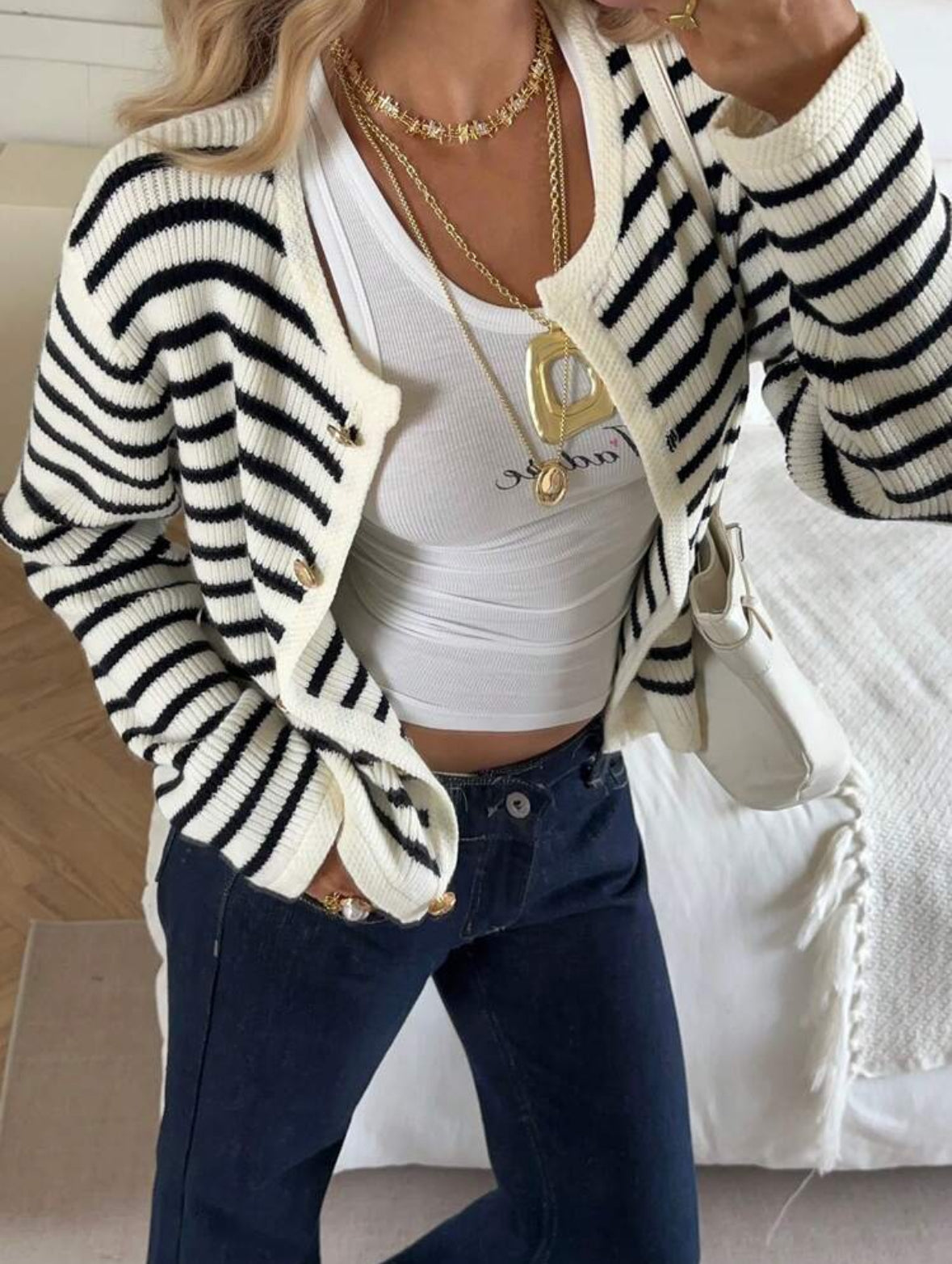 stripped mono button up cardigan