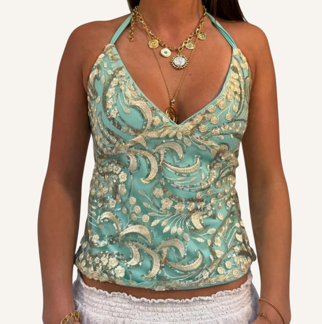 Boho Glam Sequin Halter Beaded Backless Festival Top