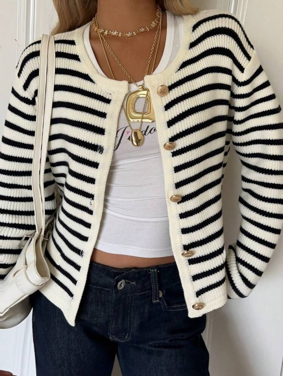 stripped mono button up cardigan