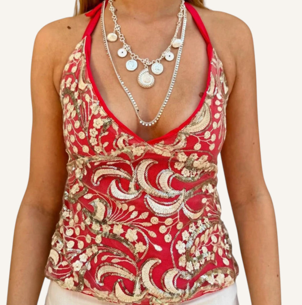 Boho Glam Sequin Halter Beaded Backless Festival Top