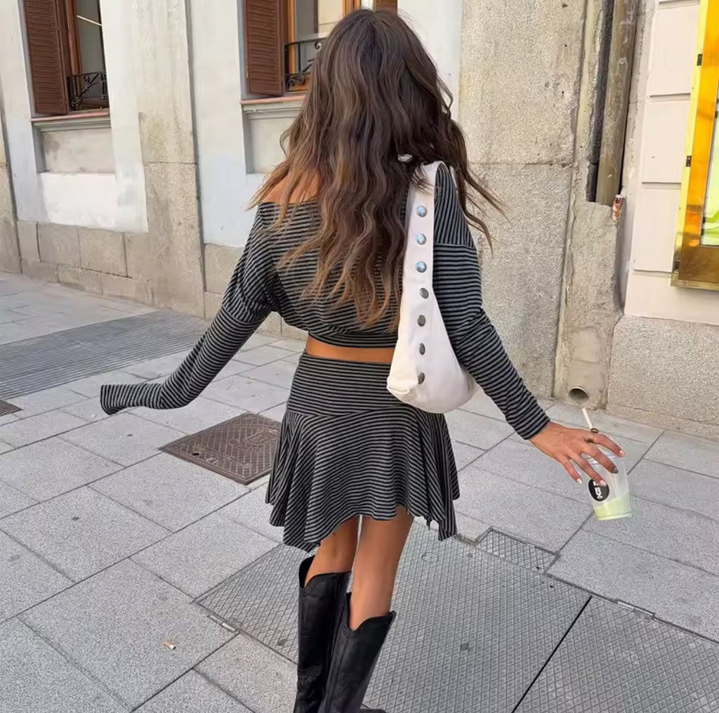 Monochrome stripe skirt and off shoulder top matching set