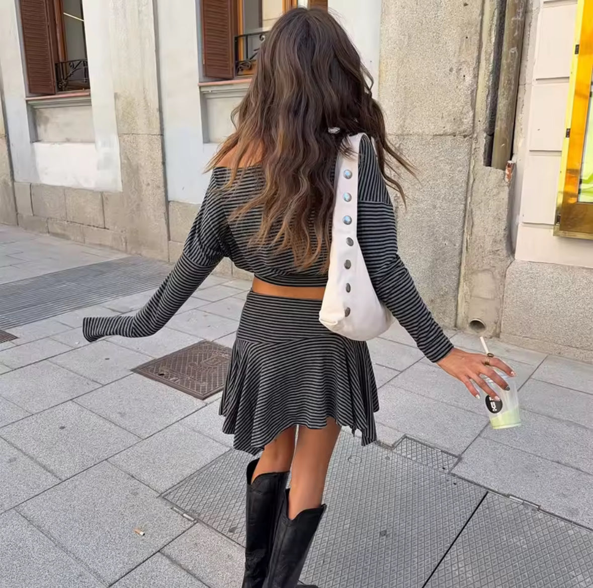 Monochrome stripe skirt and off shoulder top matching set