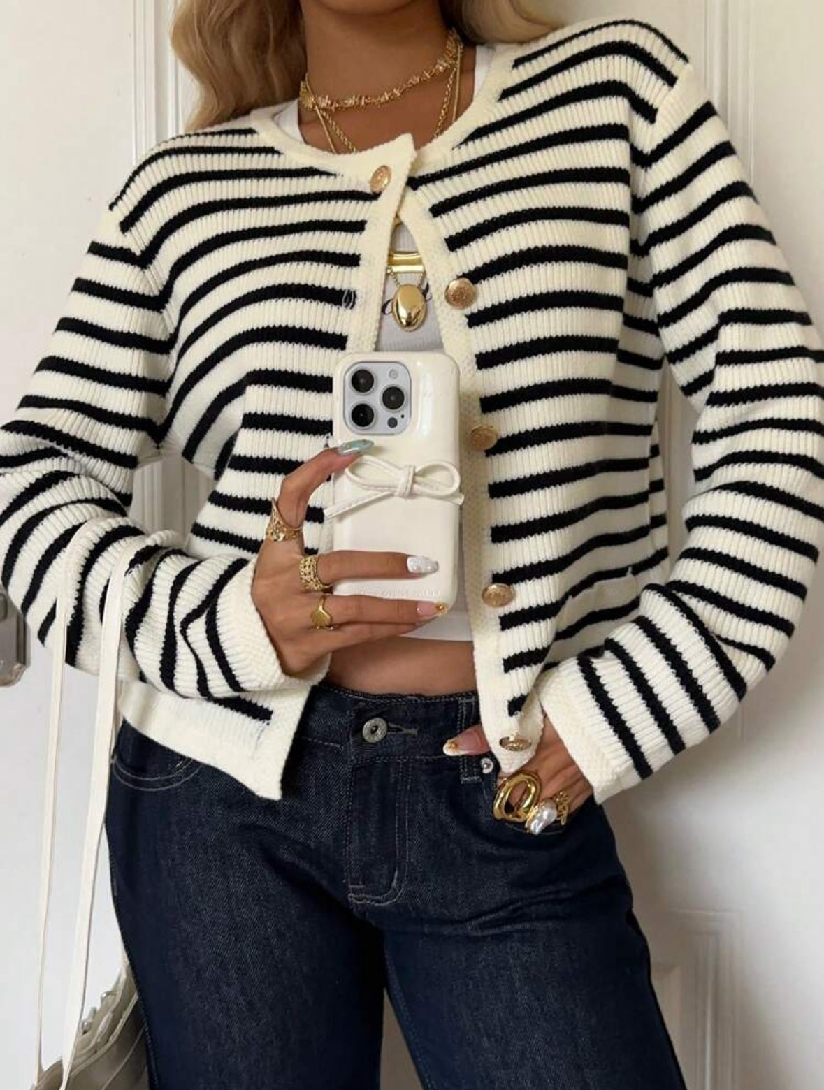 stripped mono button up cardigan