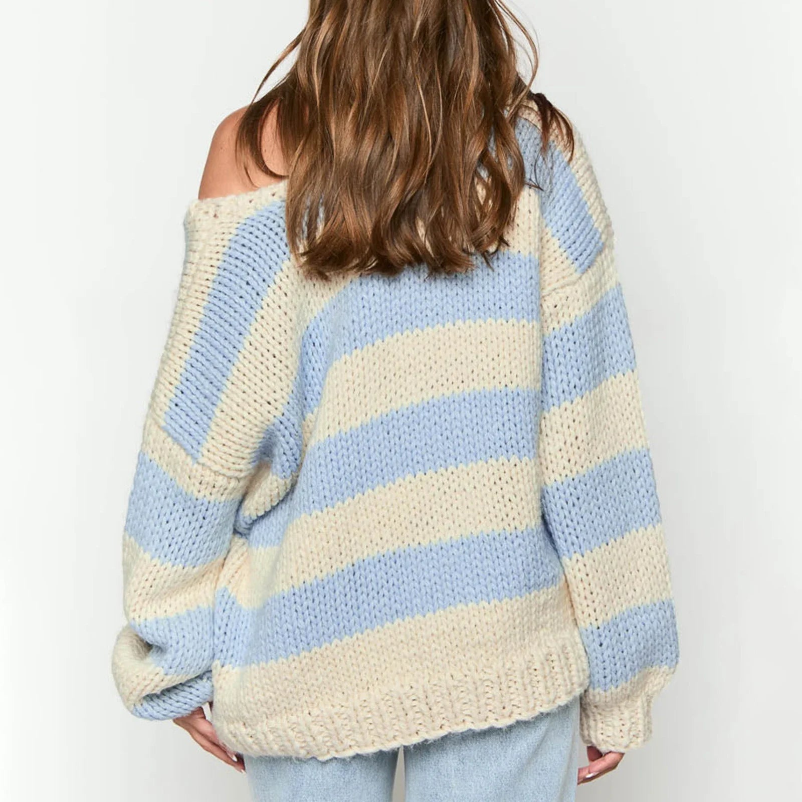 off shoulder knitted stripped sweater