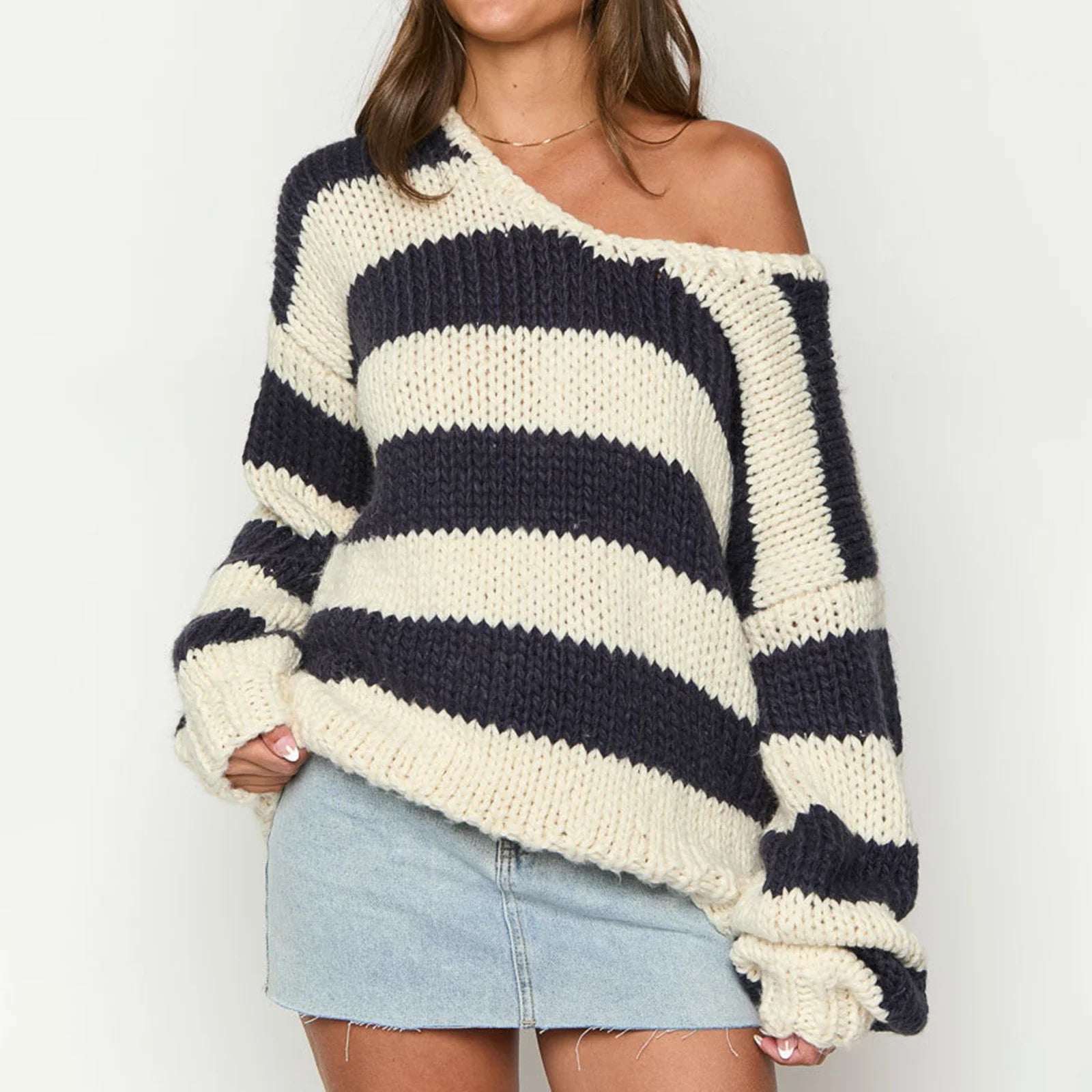 off shoulder knitted stripped sweater