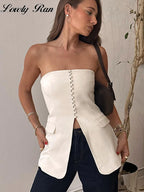 Women Strapless Split Tube Tops Sexy Corset Slim Backless Sleeveless Off Shoulder Single Breasted Vest Female 2024 Lady Top