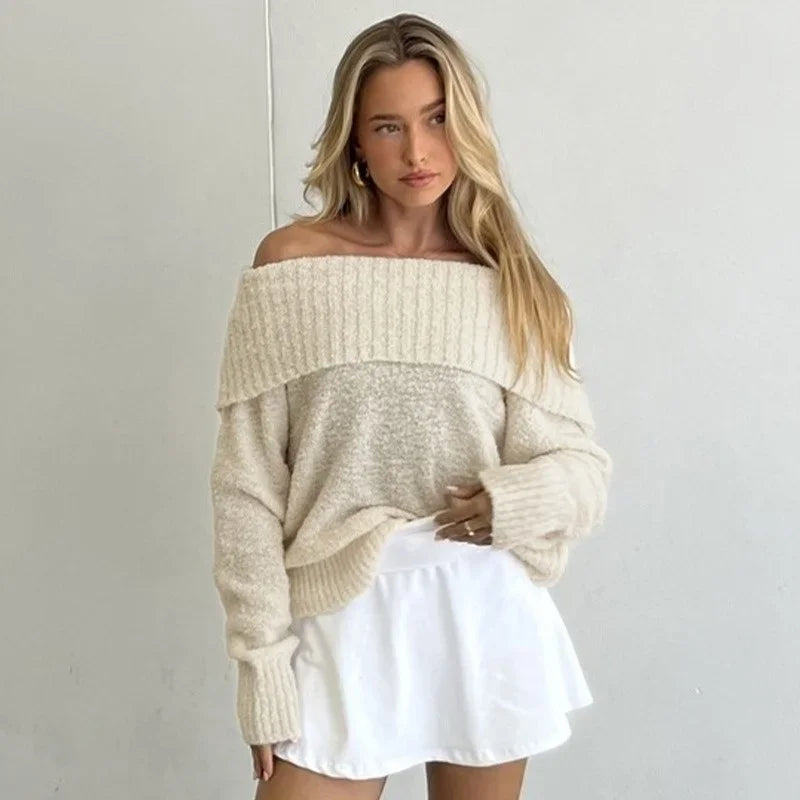 off shoulder white knitted jumper