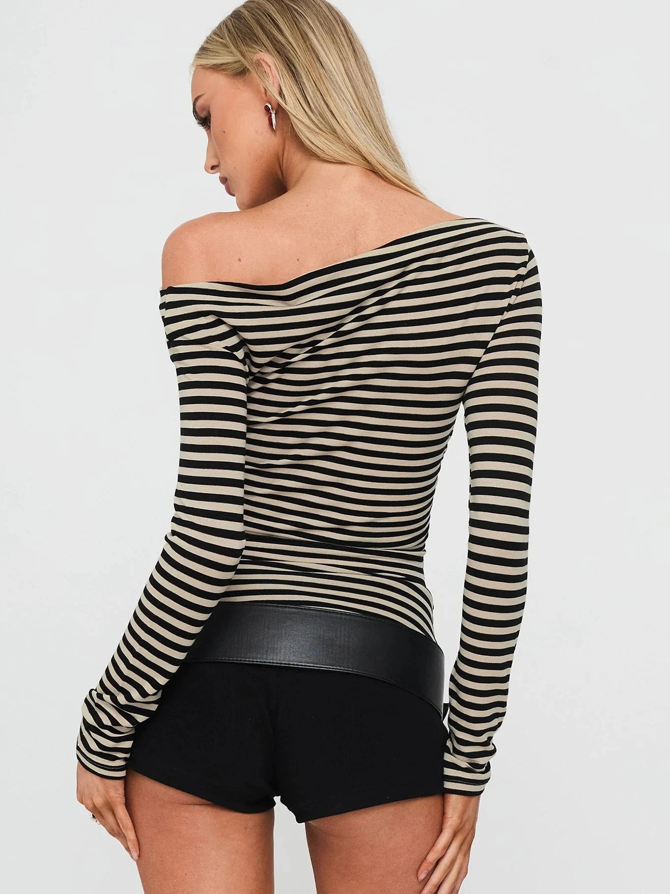 black and white stripped long sleeved off-shoulder top
