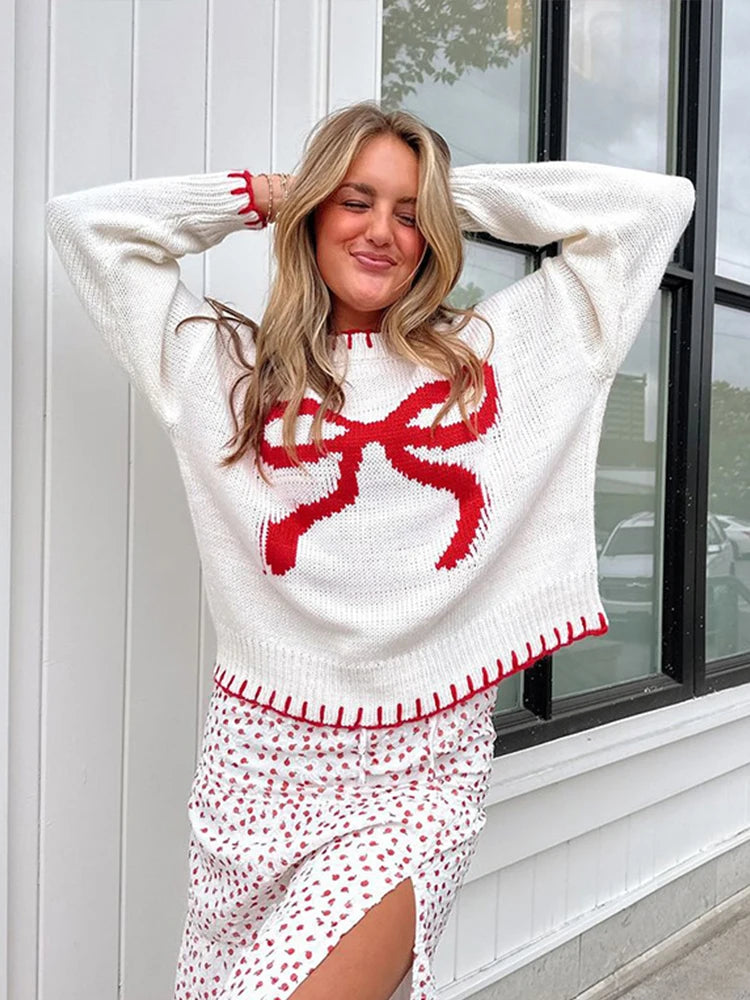 Red bow knitted sweater