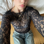 Lace See Through O Neck Long Sleeve