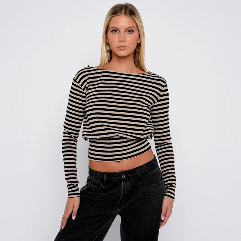 monochrome off shoulder stripped top