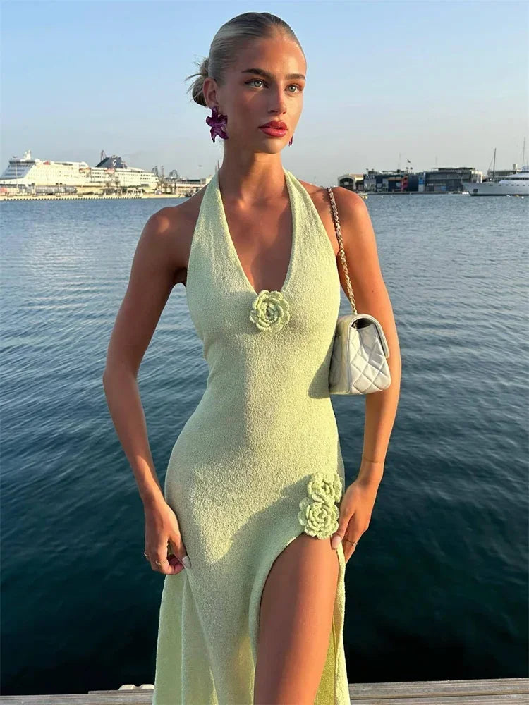 V-Neck Floral Knit Long Dress Women Sexy Slim Backless High Waist Split Sleeveless Fashion Dress for Women Knitwear Dress