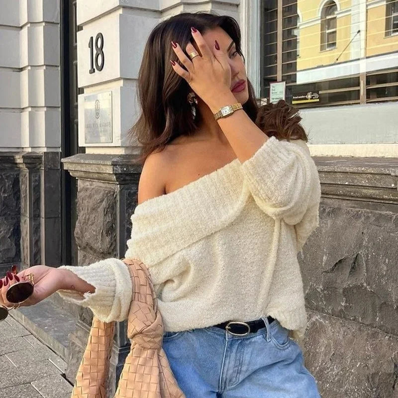 off shoulder white knitted jumper