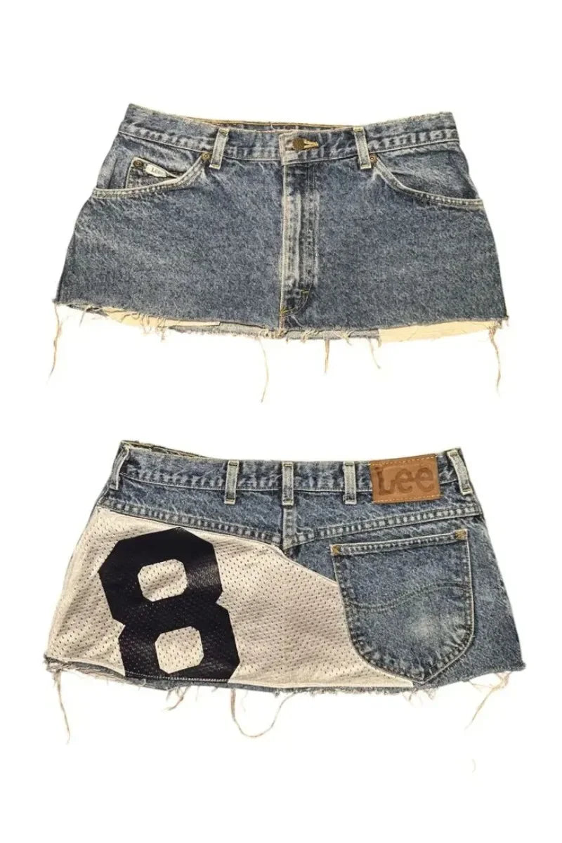 Patch play mini denim skirt