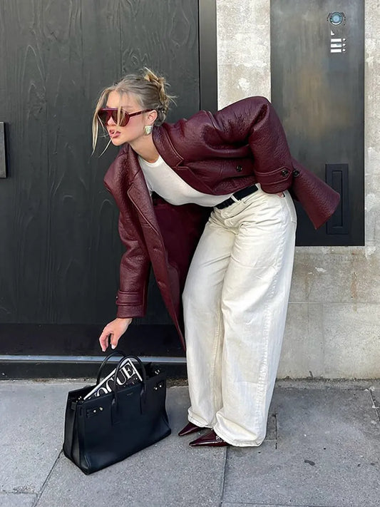 Double Breasted Burgundy Leather Jacket