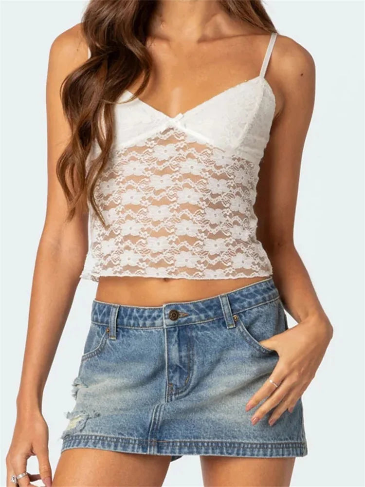 lace mesh cami tops