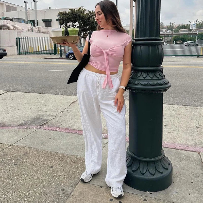 Pink Cropped Bow tie top