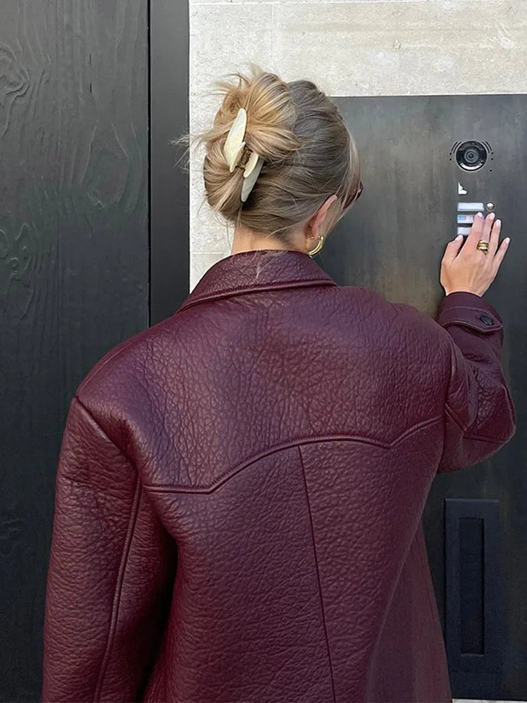 Double Breasted Burgundy Leather Jacket