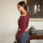 asymmetrical off shoulder solid red wine top