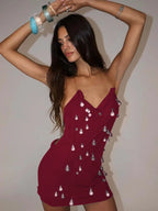 Embellished droplet red mini dress
