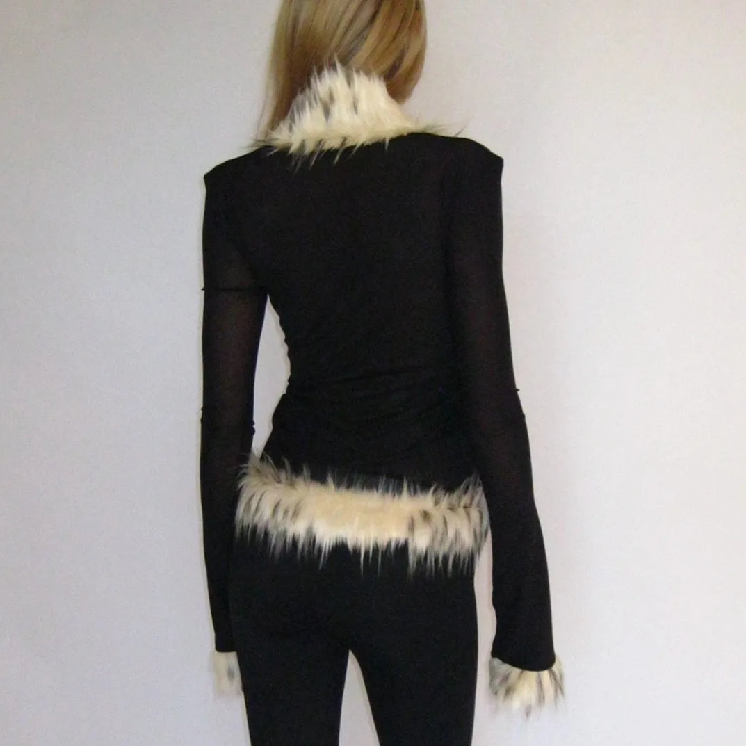 Faux fur trimmed black top