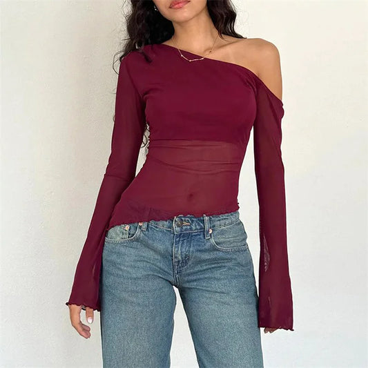 Mesh Off Shoulder Flared Long Sleeve T Shirt