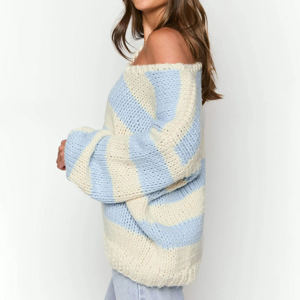off shoulder knitted stripped sweater