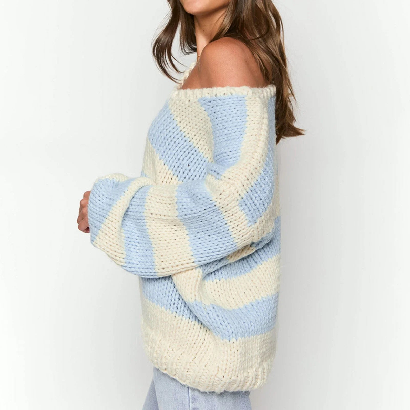off shoulder knitted stripped sweater