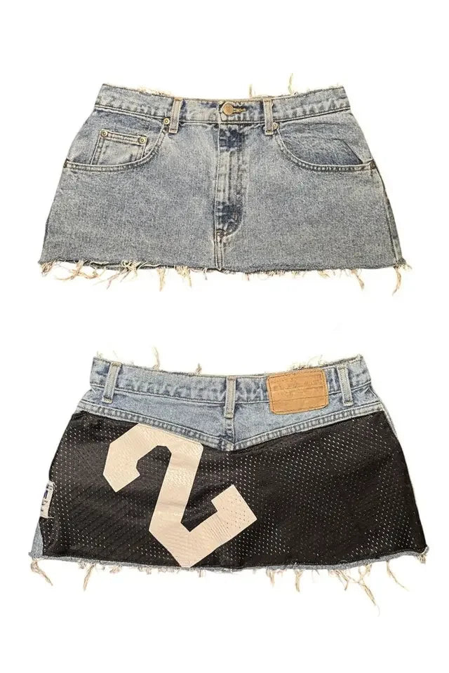 Patch play mini denim skirt