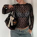 Lace See Through O Neck Long Sleeve