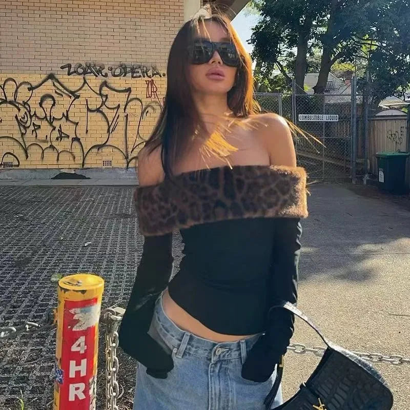 Faux fur leopard print off shoulder top