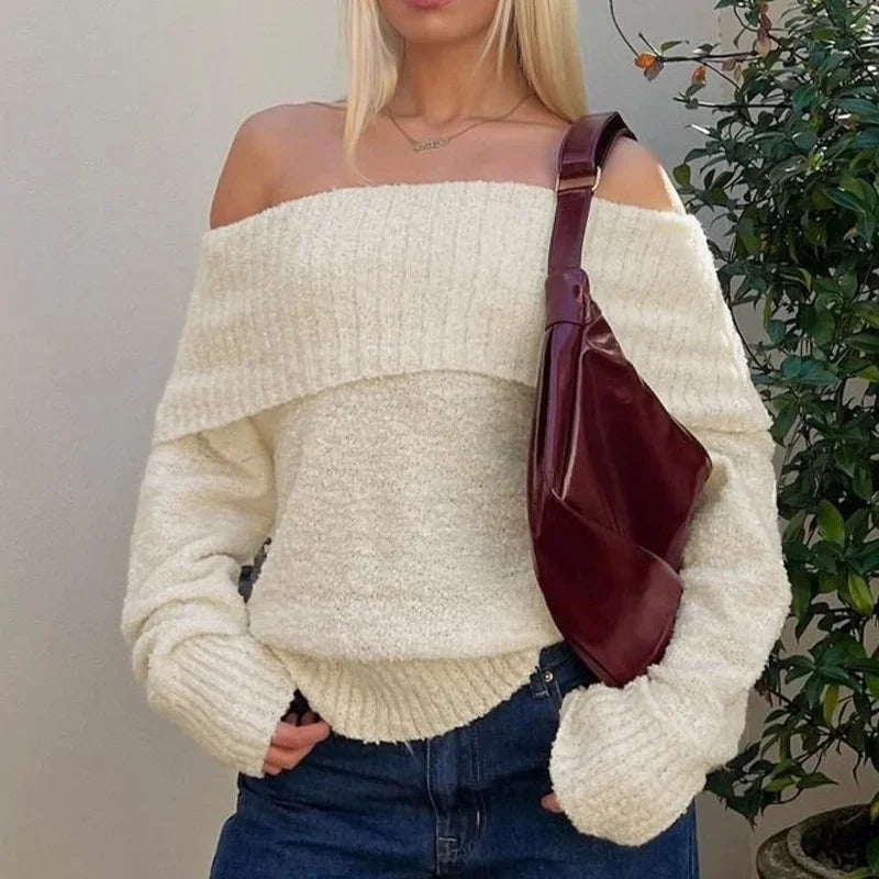 off shoulder white knitted jumper