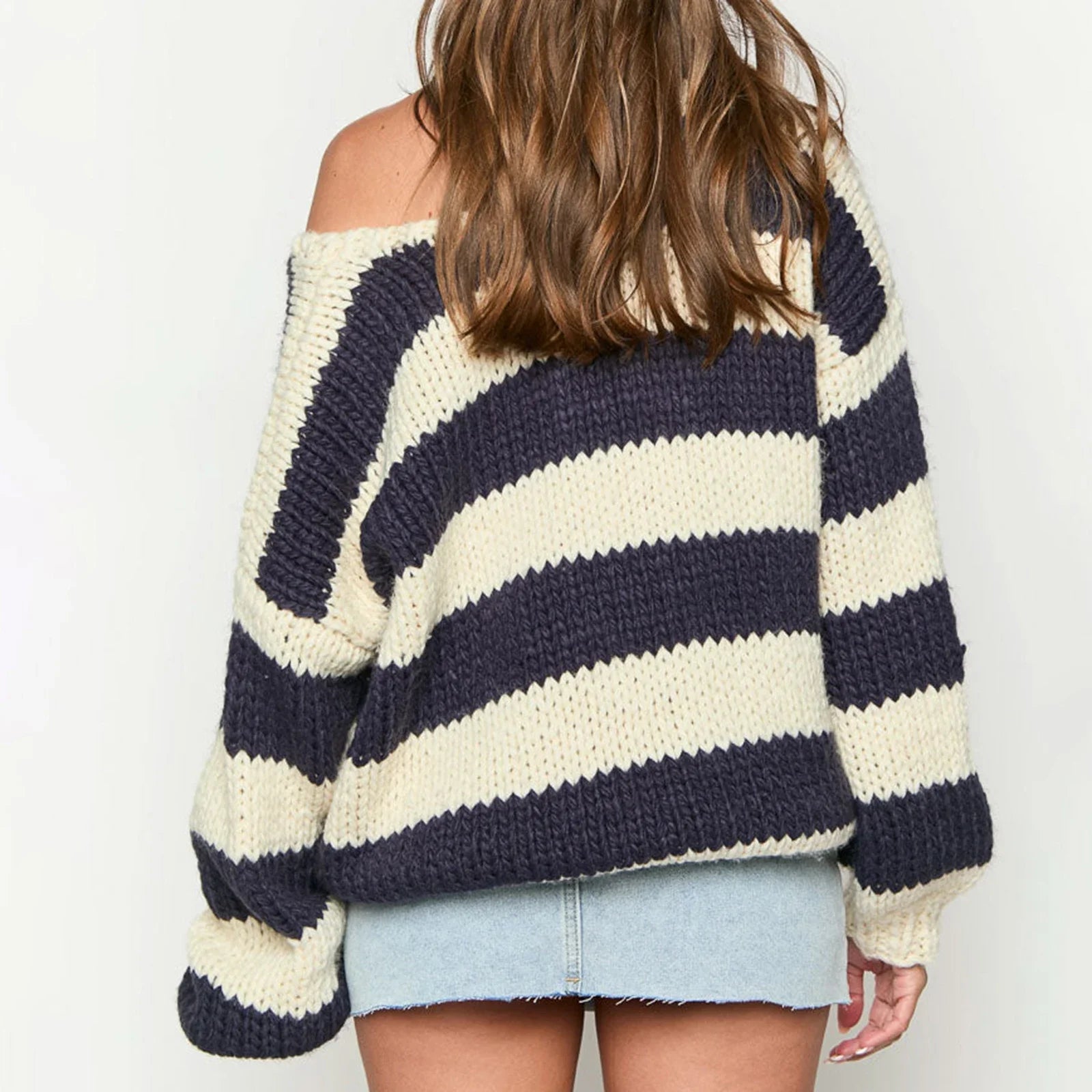off shoulder knitted stripped sweater