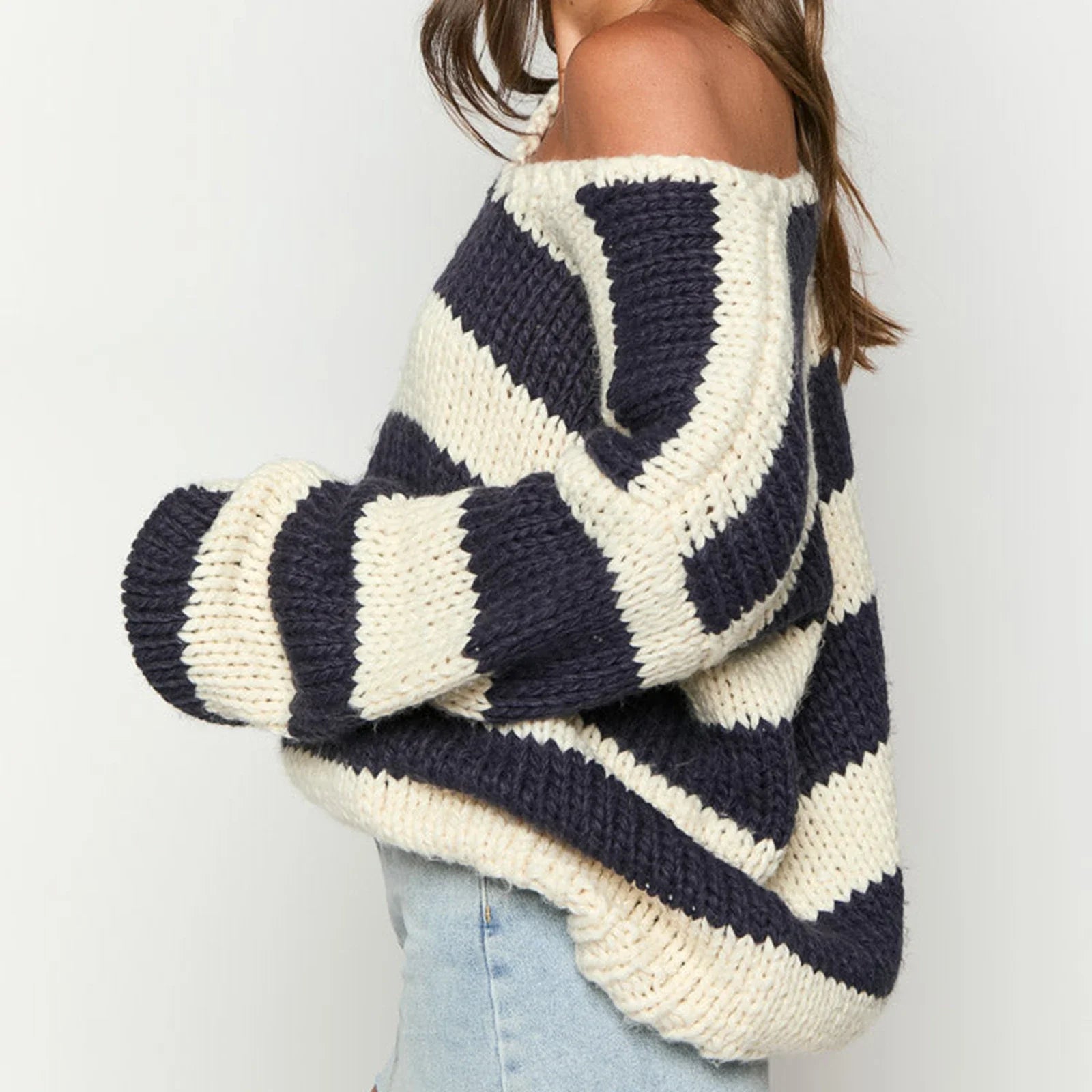 off shoulder knitted stripped sweater