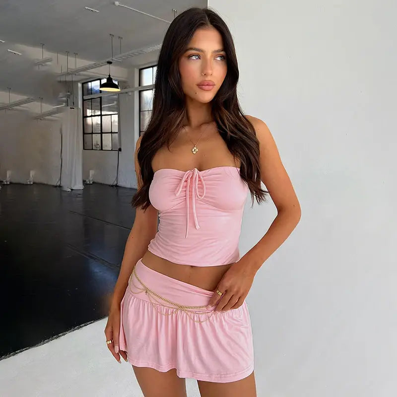Ruched Crop Top Pleated Skirt Set